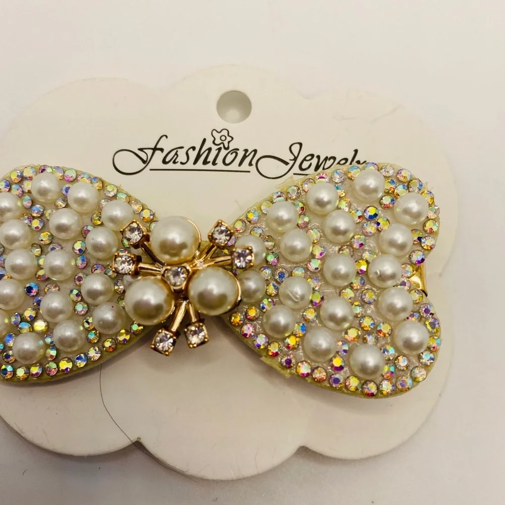 Hair Barrette Bow faux pearl crystals iridescent